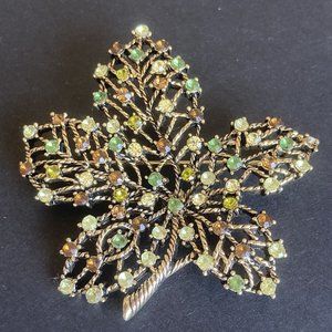 Money Rhinestone Leaf Brooch Gold Tone MISSING 1 STONE